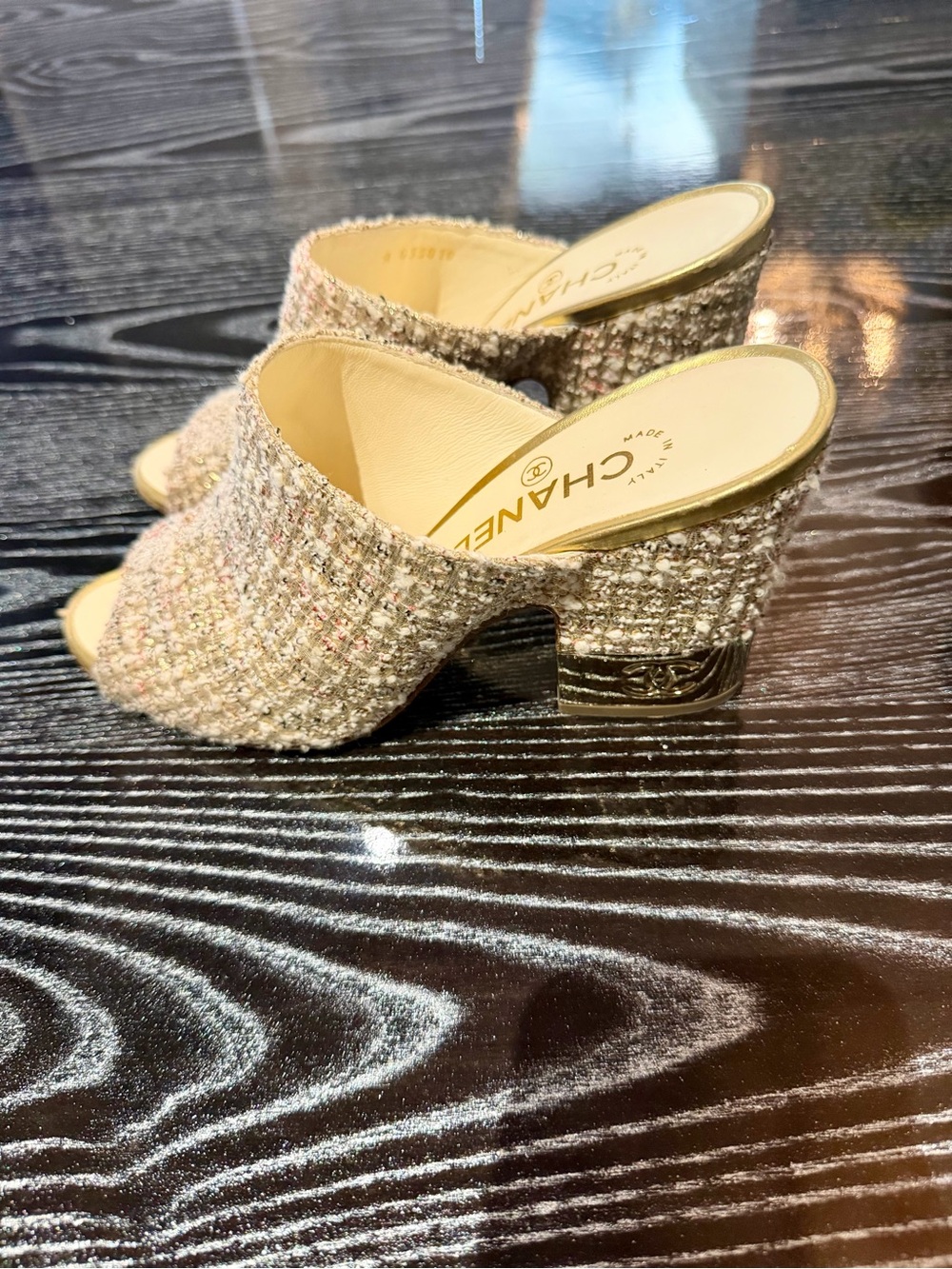 CHANEL Tweed Open-Toe Mules in Light Beige Multi